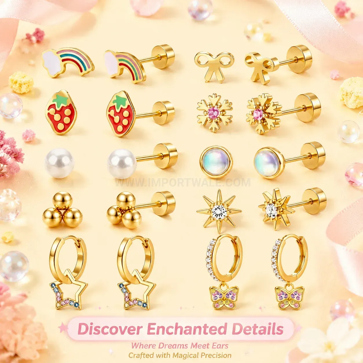 Chic Stainless Steel Pink Zircon Heart Butterfly Flower Piercing Earring Set