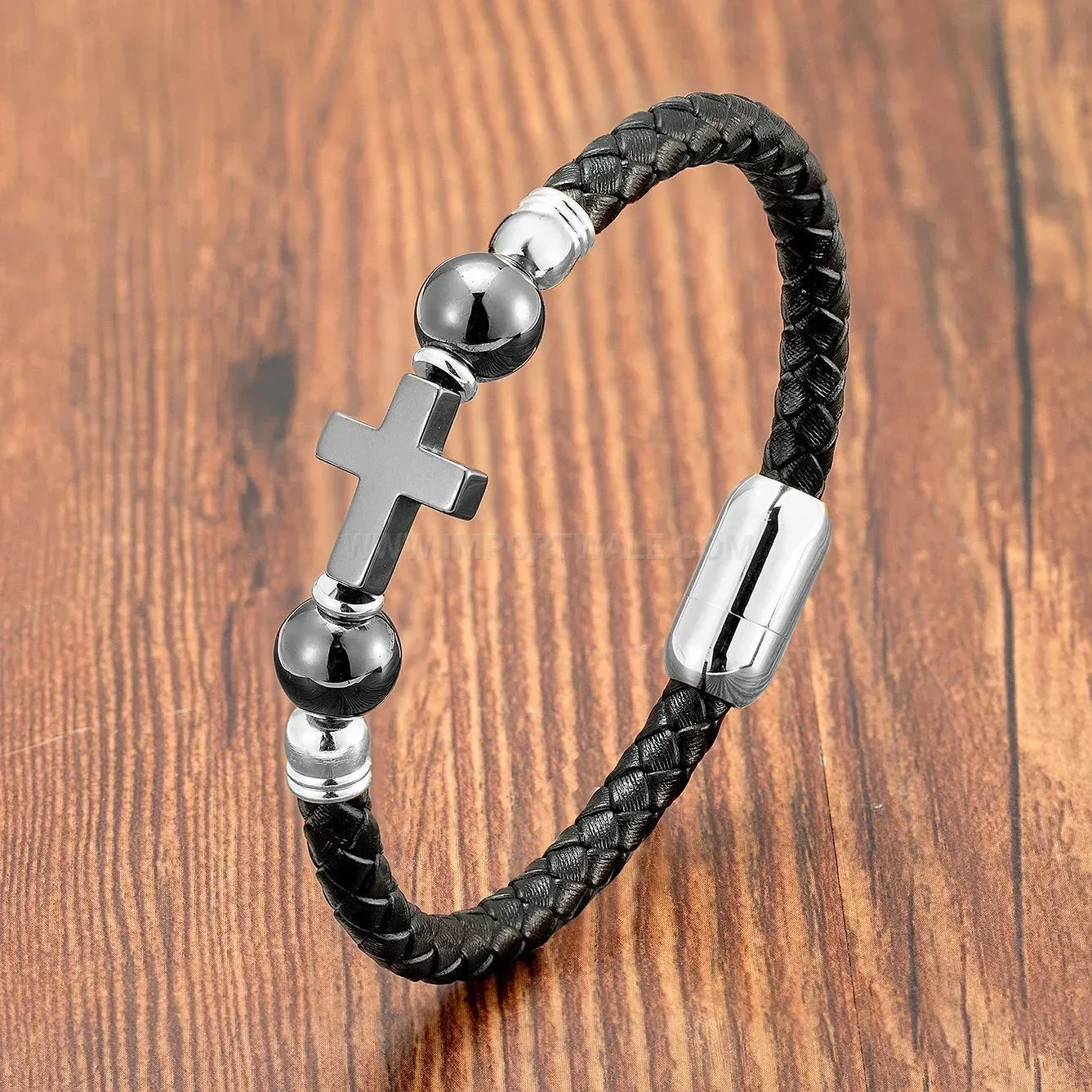 Handwoven Leather Rope Bracelet with Natural Stone and Stainless Clasp