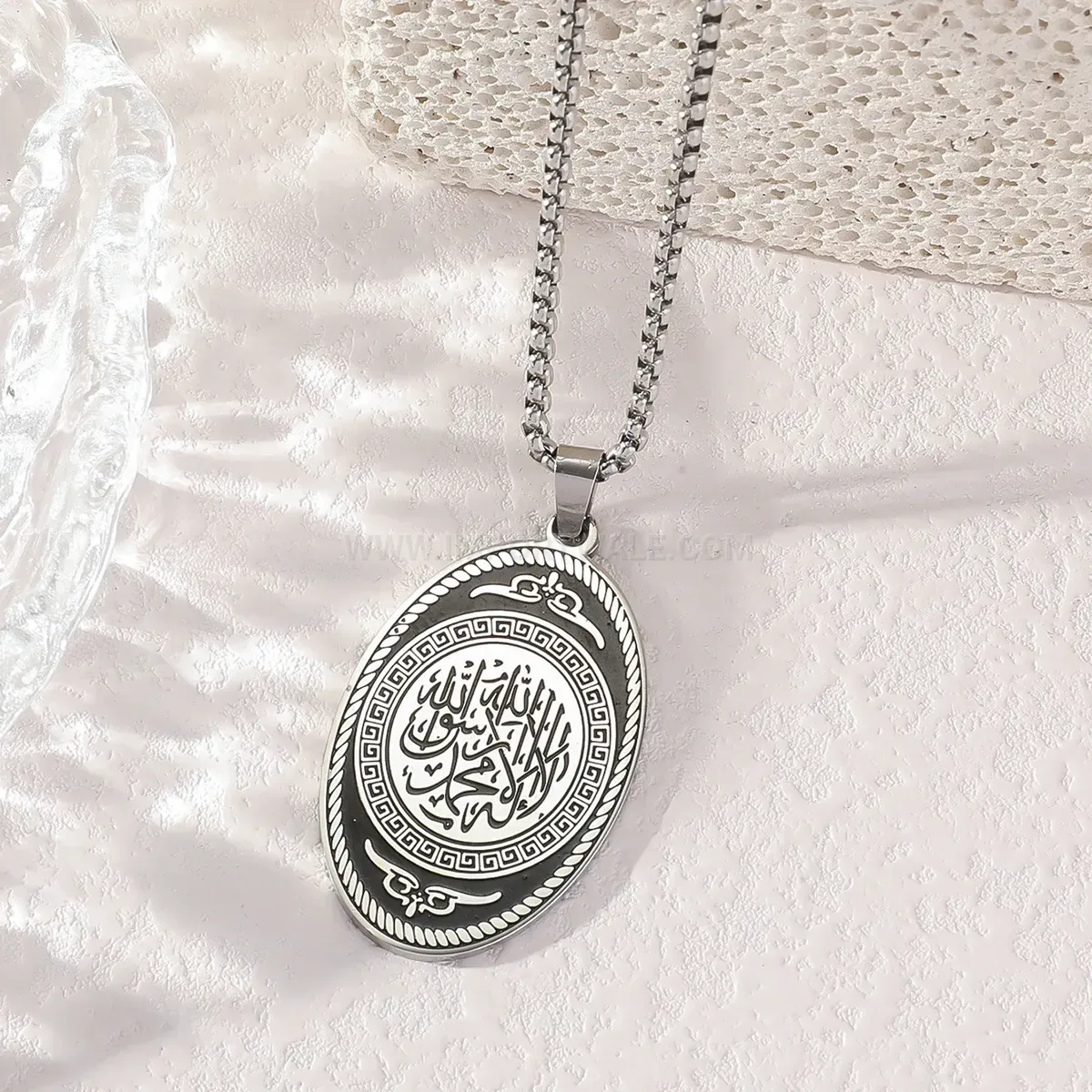 Premium Oval Calligraphy Stainless Steel Charm Pendant Link Chain Necklace