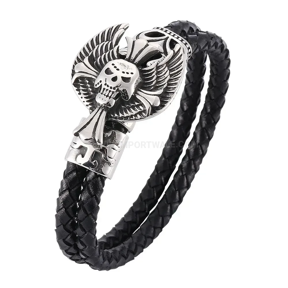 Punk Skull Braided Leather Stainless Steel Band