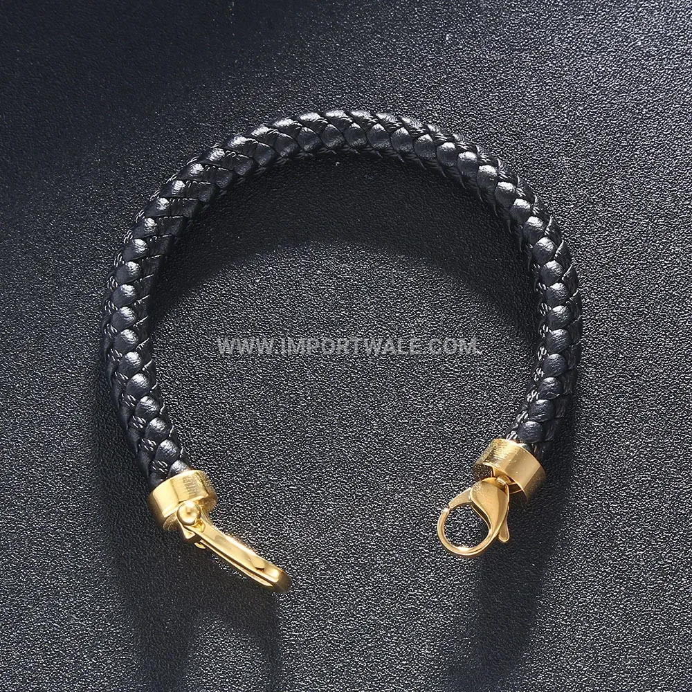 Gold Plated Stainless Steel Horseshoe Buckle Braided Leather Bracelet