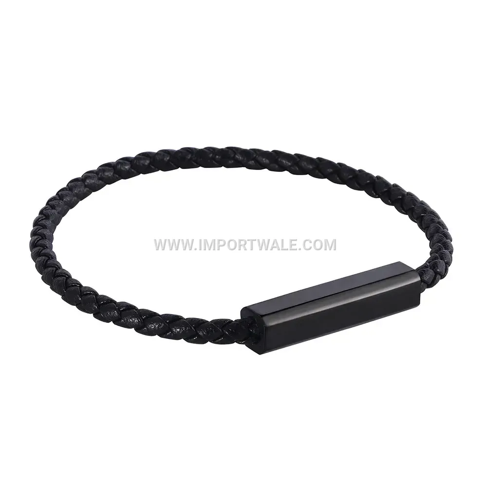Electroplated Black Stainless Steel Braided Leather Men's Cord Bracelet