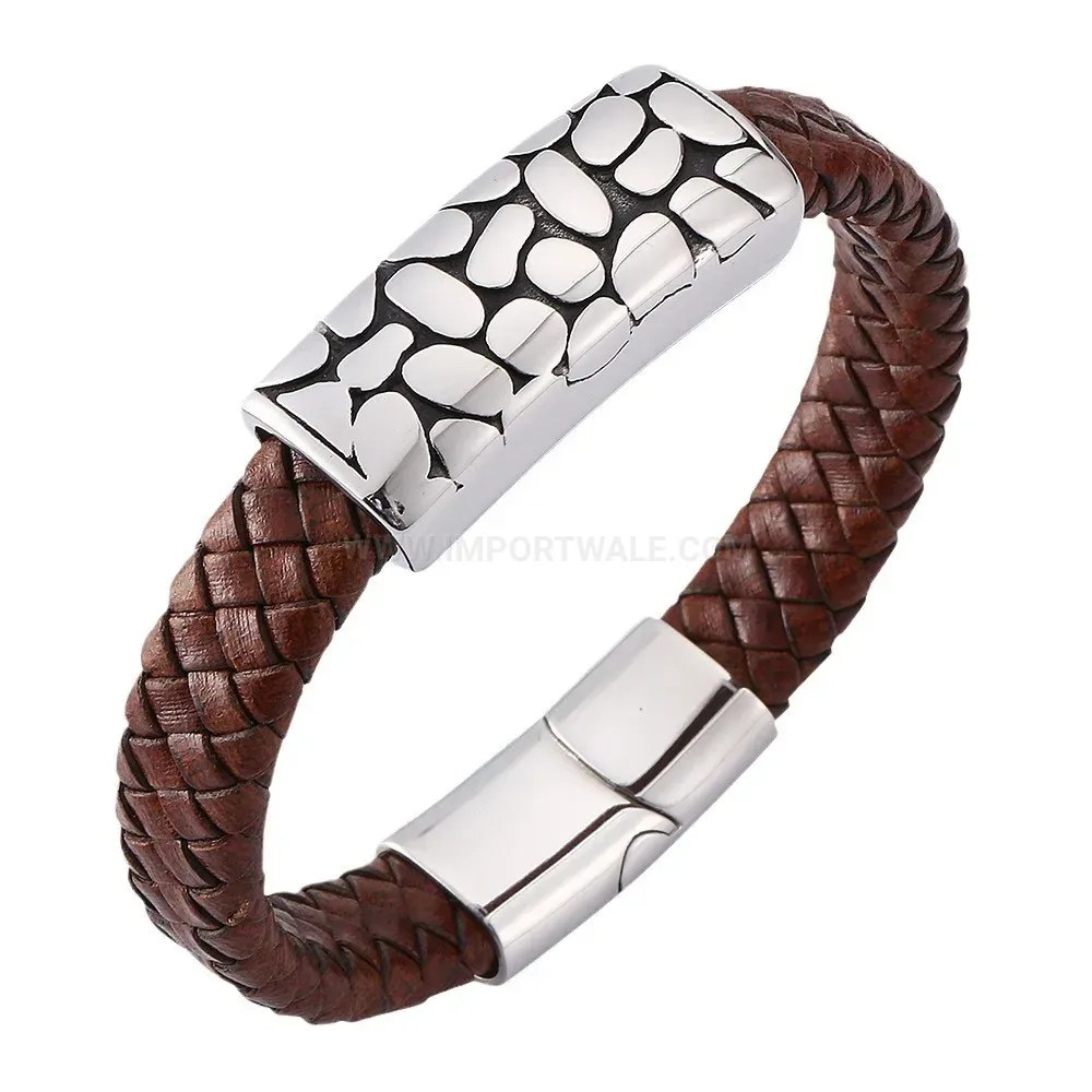 Classic Woven Brown Leather Wristband with Steel Hardware