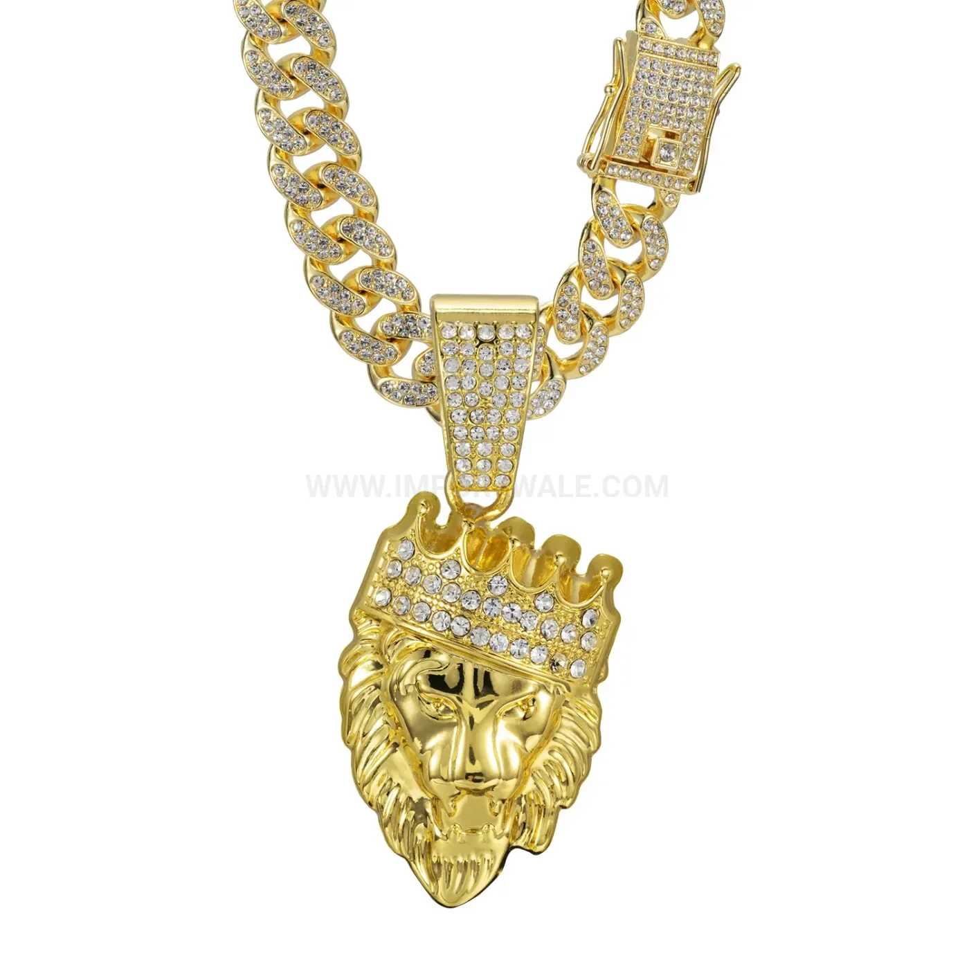 Rhinestone Crowned Lion Head Pendant Cuban Chain Necklace