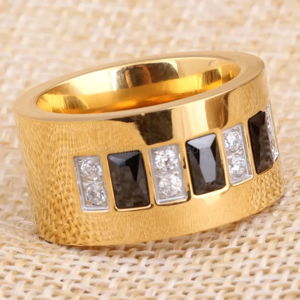 Gold Tone Zircon Inlaid Stainless Steel Band Ring
