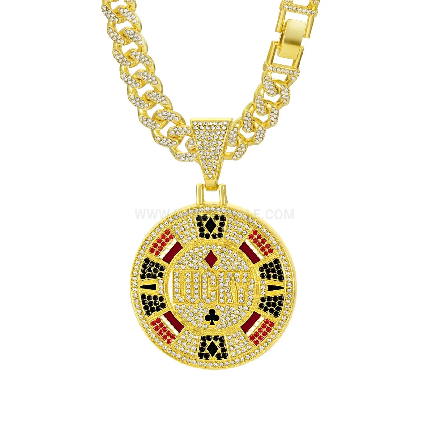 Rhinestone Playing Card Square Pendant with Cuban Chain