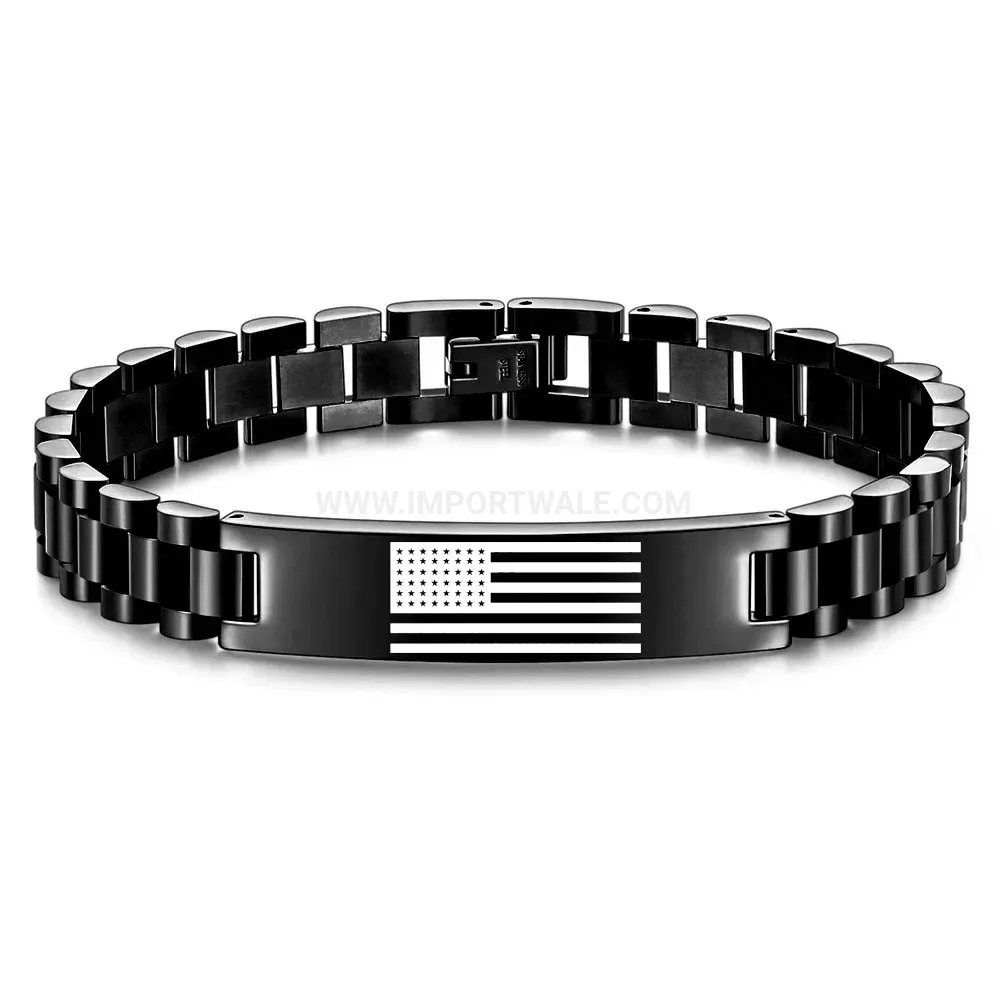 Stainless Steel US Flag Heart Engraved Link Bracelet