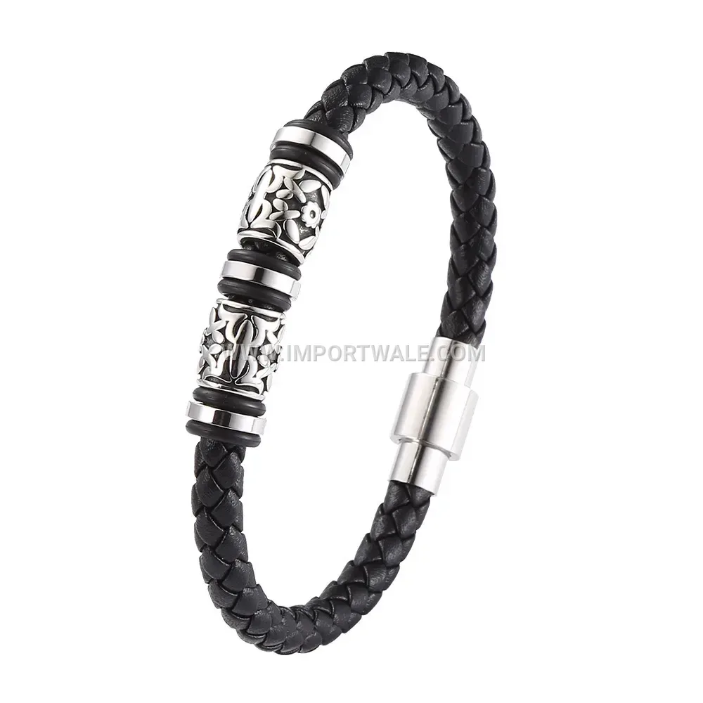 Double Strand Braided Genuine Leather Stainless Steel Bracelet