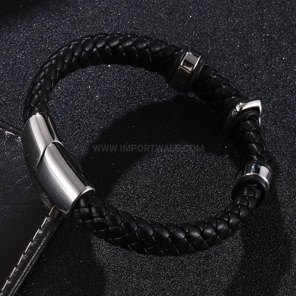 Braided Leather Stainless Steel Floral Accent Wrap Bracelet