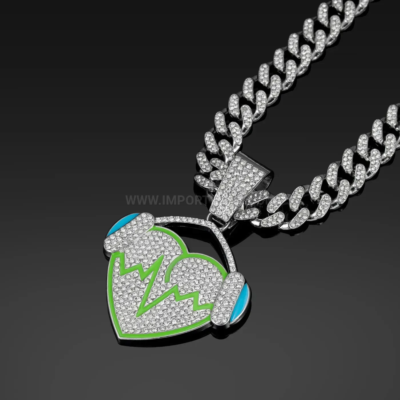 Classic Headphone Heartbeat Motif Cuban Link Pendant Necklace