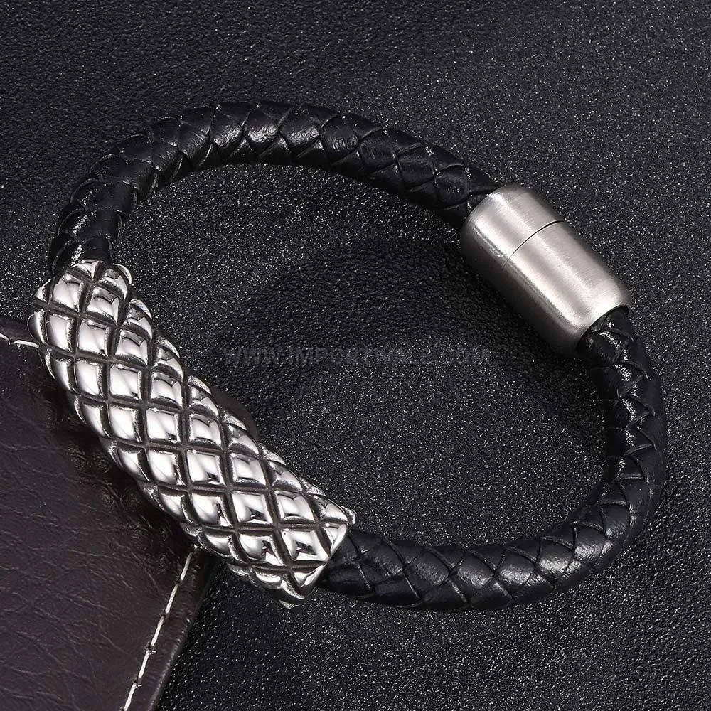 Braided Black Leather Bracelet with Steel Magnetic Clasp