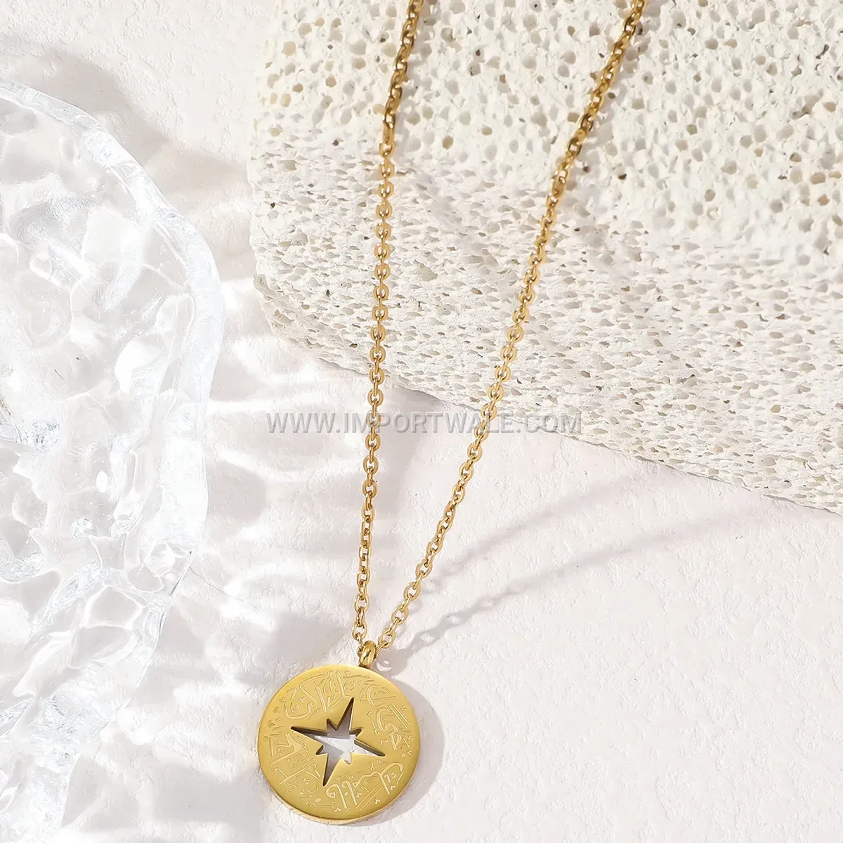 Gold Plated Stainless Steel Geometric Arabic Calligraphy Pendant Necklace