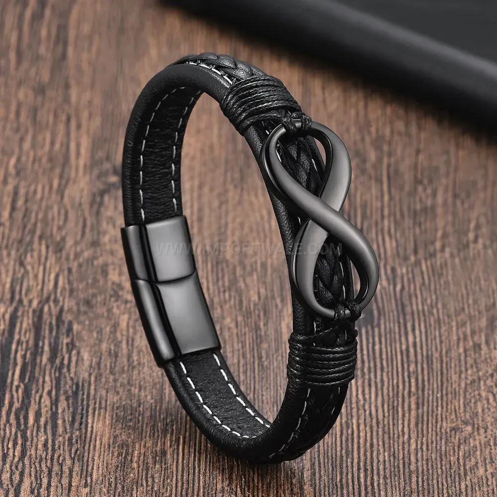 Bold Woven Leather Infinity Symbol Bracelet With Magnetic Clasp