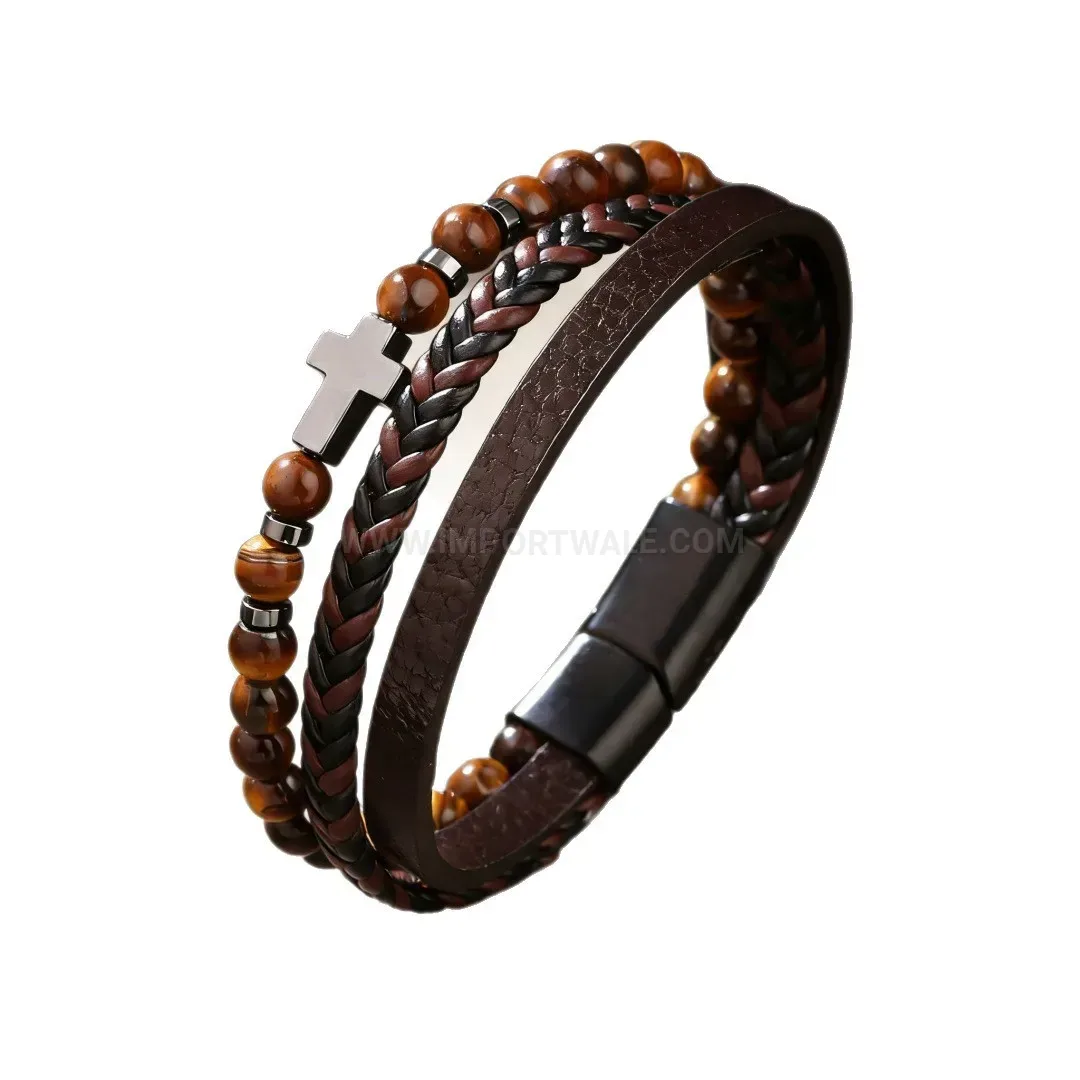 Multi Layer Leather Tiger Eye Natural Stone Bracelet with Cross Magnetic Clasp