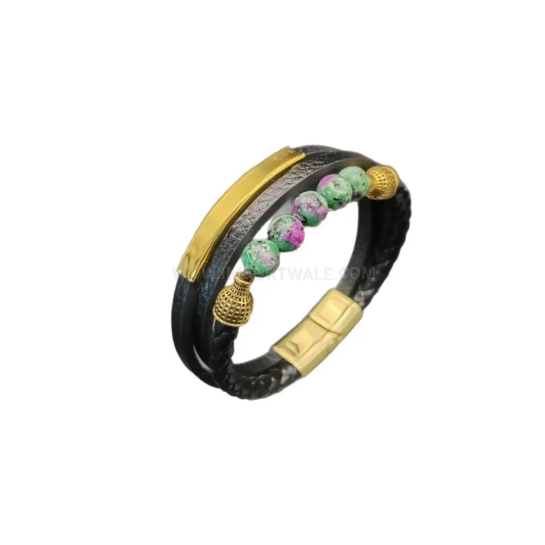 Classic Natural Gemstone Beaded Multi Layer Braided Leather Bracelet