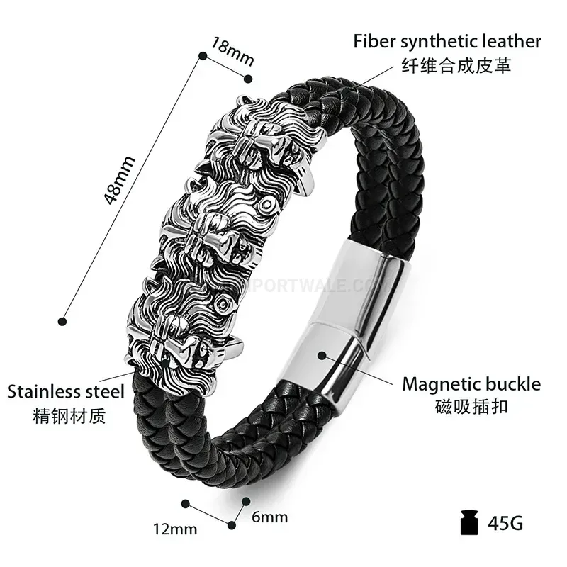 Classic Dual Tone Leather Lion Stainless Steel Men Bracelet