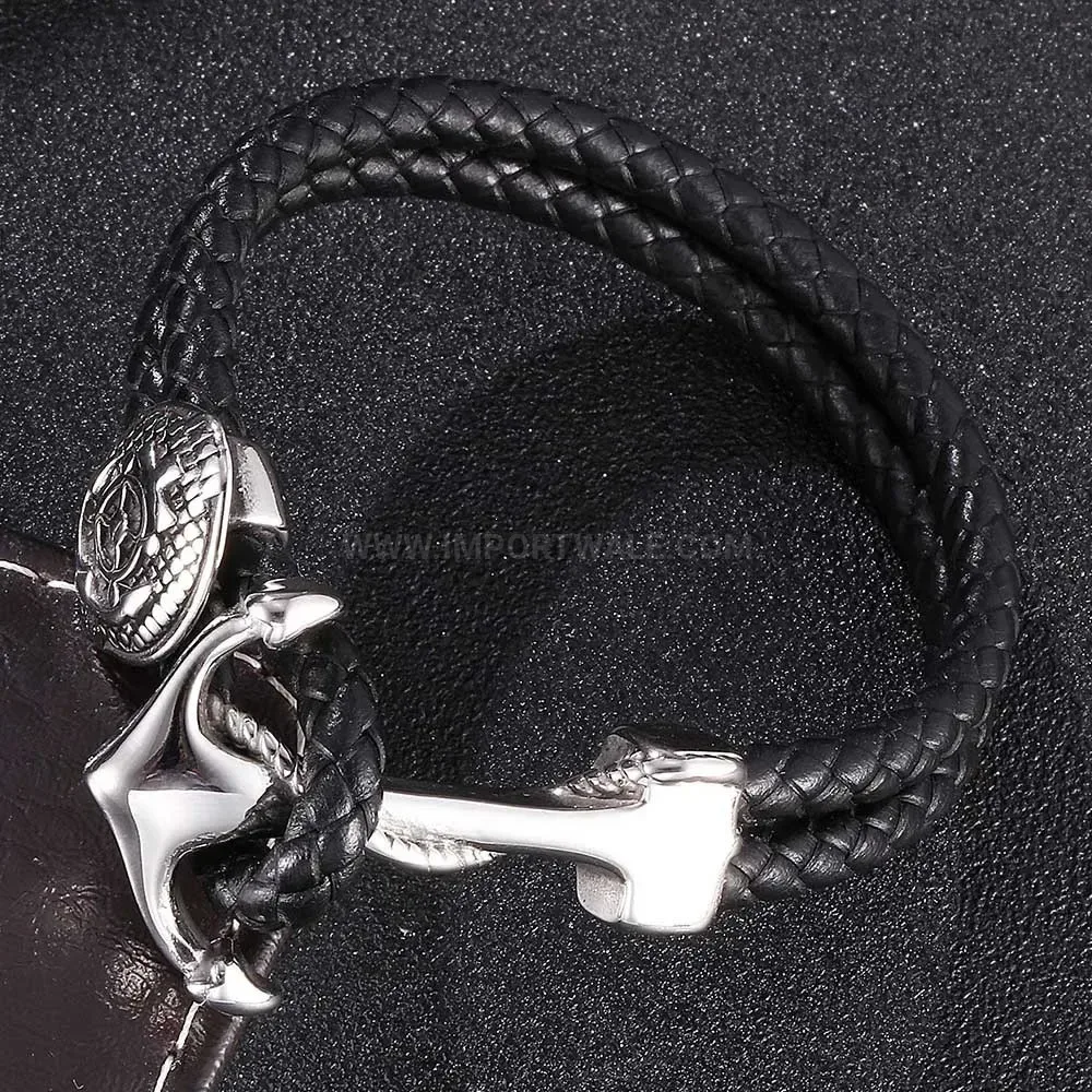 Double Wrap Leather Anchor Bracelet in Stainless Steel