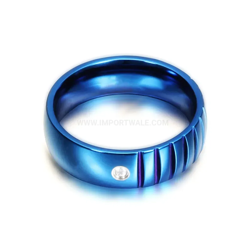 Classic Blue Grooved Stainless Steel Crystal Inlay Band Ring