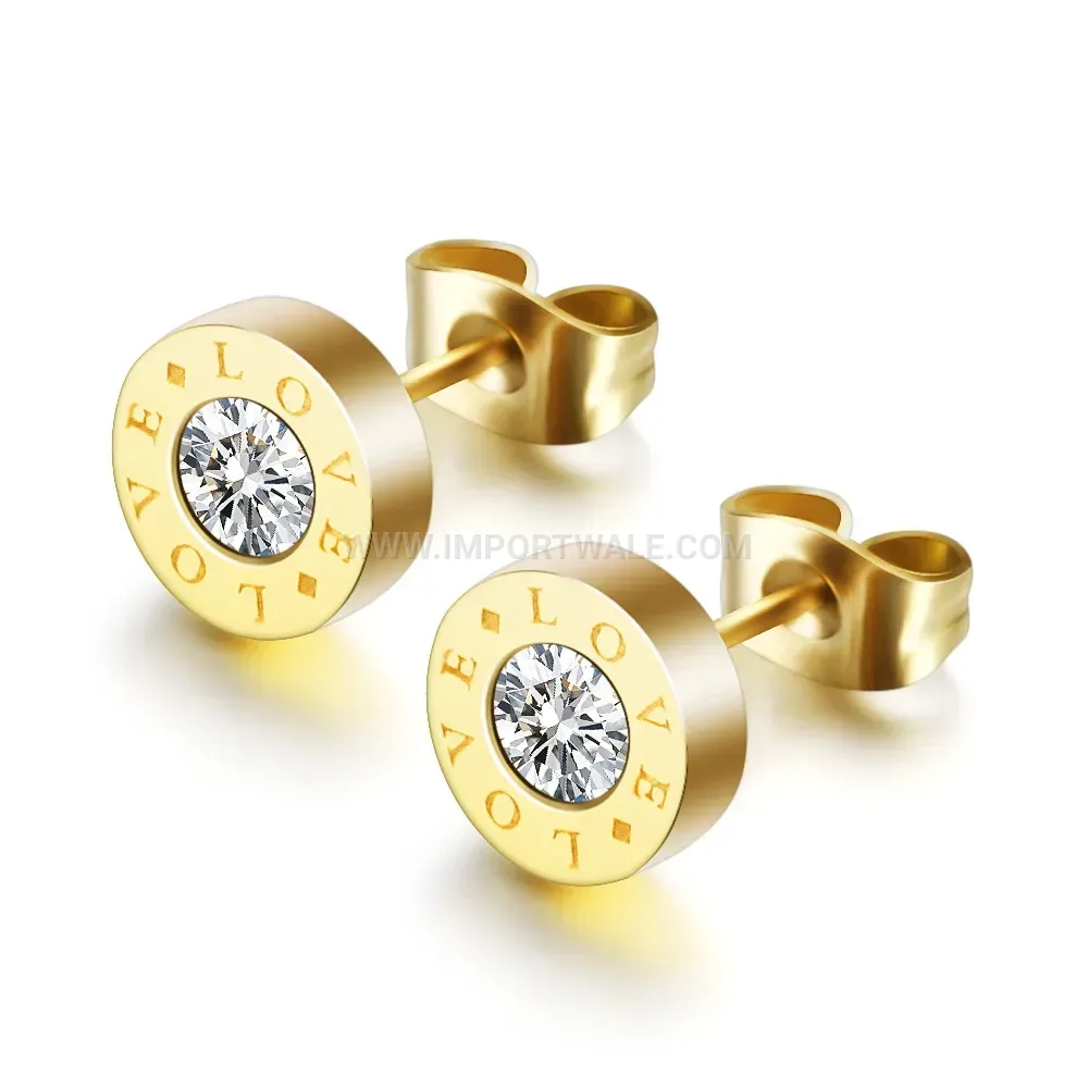 Engraved Love Round Stainless Steel Stud Earrings