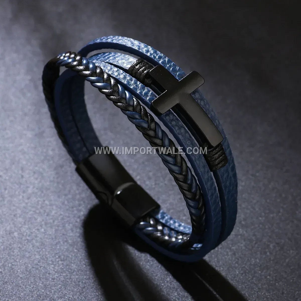 Multi-Strand Woven Leather Cross Bracelet with Magnetic Clasp