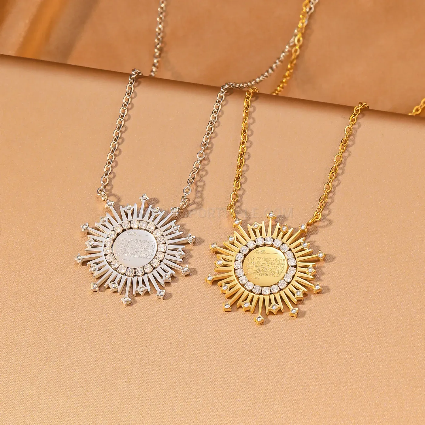 Zircon Stainless Steel Sunburst Ayatul Kursi Calligraphy Pendant Necklace