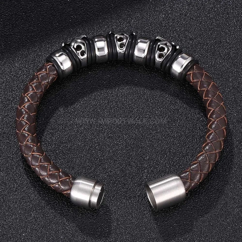 Modern Vintage Brown Leather Bracelet with Stainless Steel Cross Magnetic Clasp