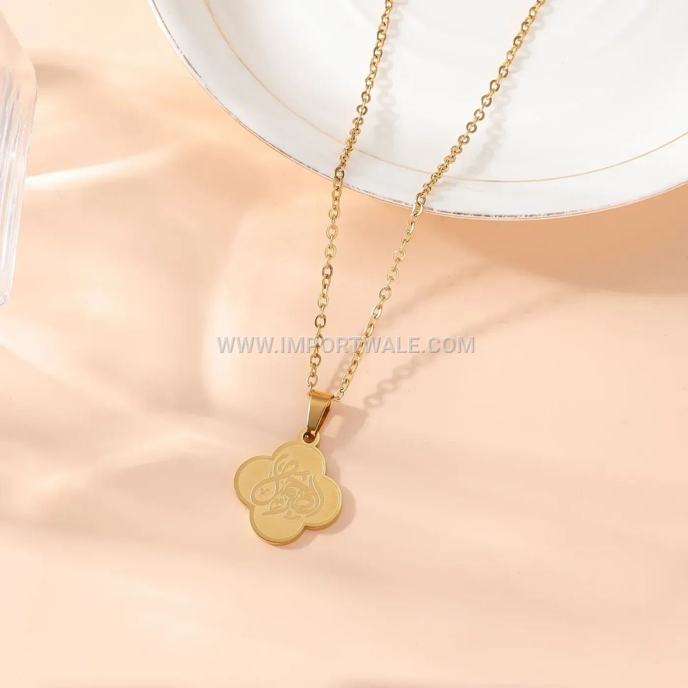 Double Sided Inscribed Clover Stainless Steel Pendant Necklace