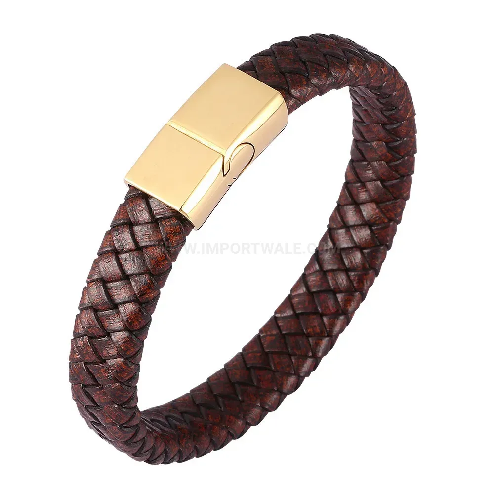 Sleek Brown Braided Leather Bracelet with Gold Accent Stainless Clasp