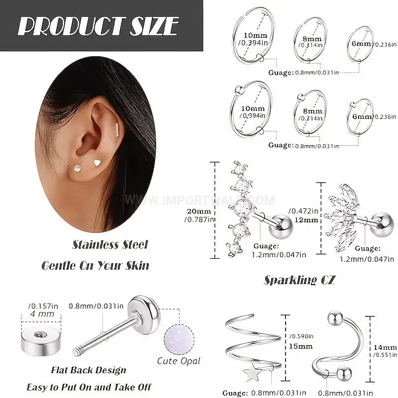 Classic Titanium Steel Piercing Stud Set with Cubic Zirconia Accents