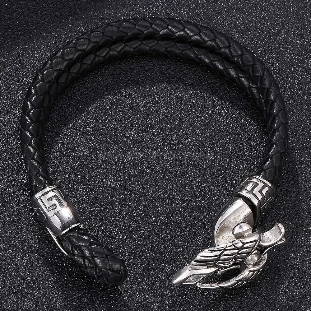 Vintage Stainless Steel Wing and Cross Leather Bracelet