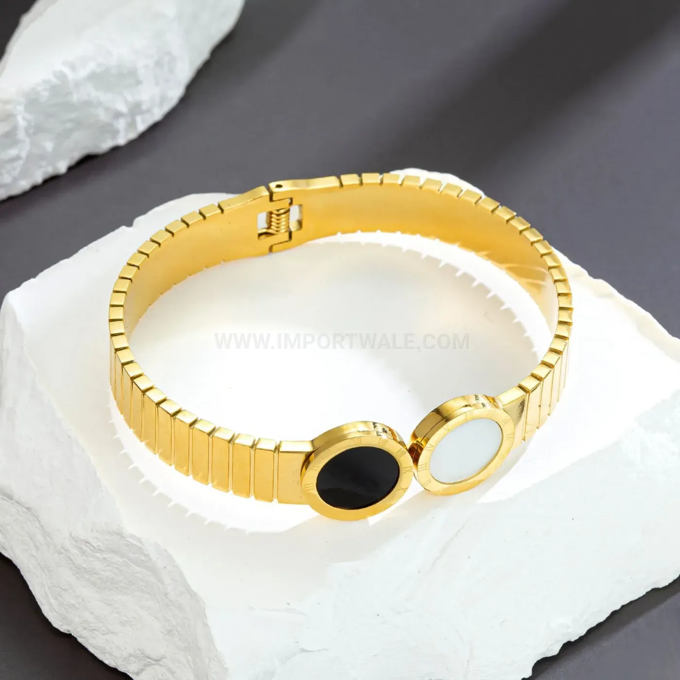 Modern Chunky Titanium Steel Spring Bangle with Black Round Medallion