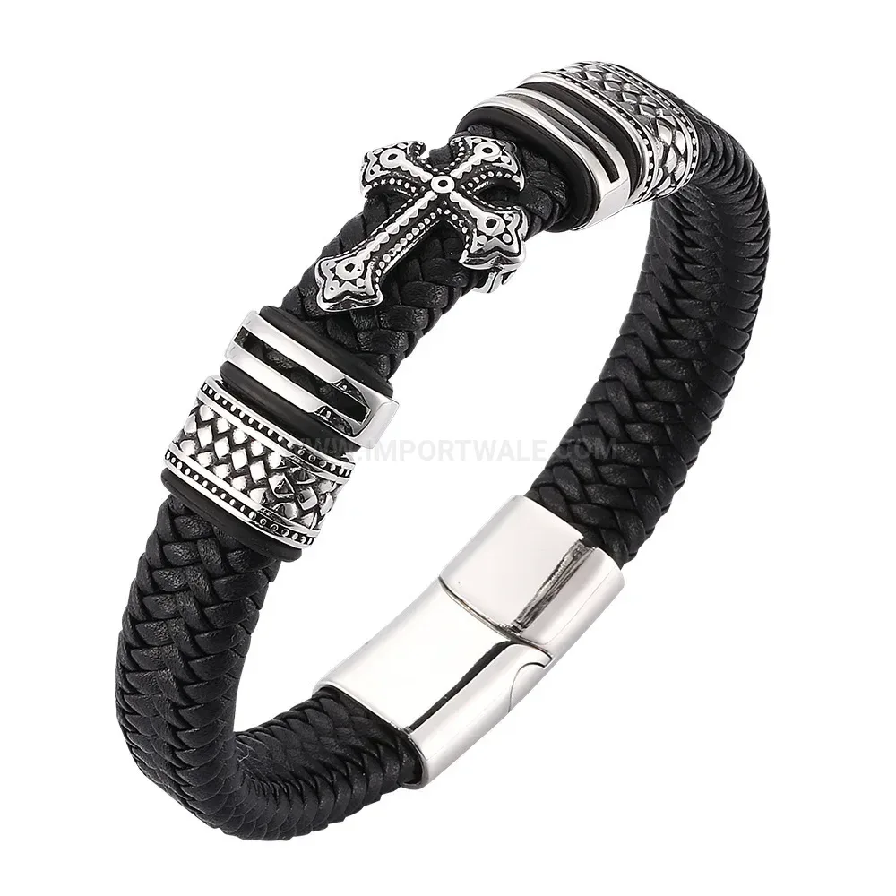 Trendy Braided Leather Stainless Steel Cross Magnetic Clasp Bracelet