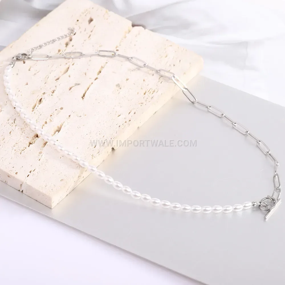 Faux Pearl Splicing Safety Pin Stainless Steel OT Clasp Necklace