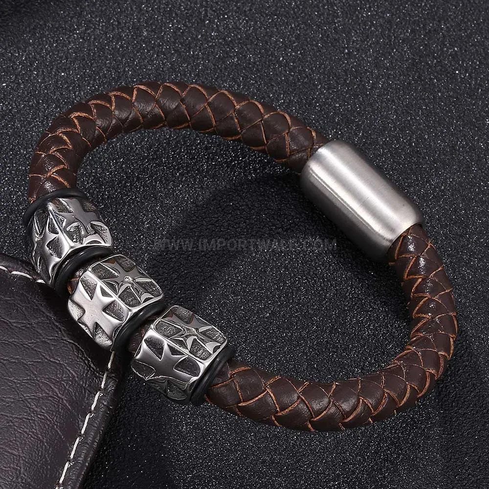 Premium Stainless Steel Cross Accent Braided Leather Bracelet for Men
