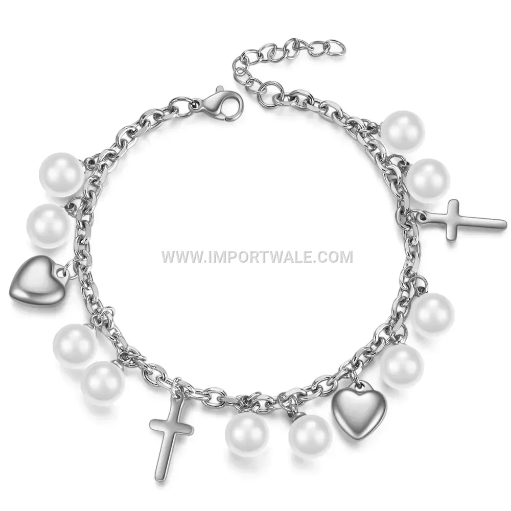 Cross and Heart Pearl Accent Stainless Steel Mixed Chain Bracelet