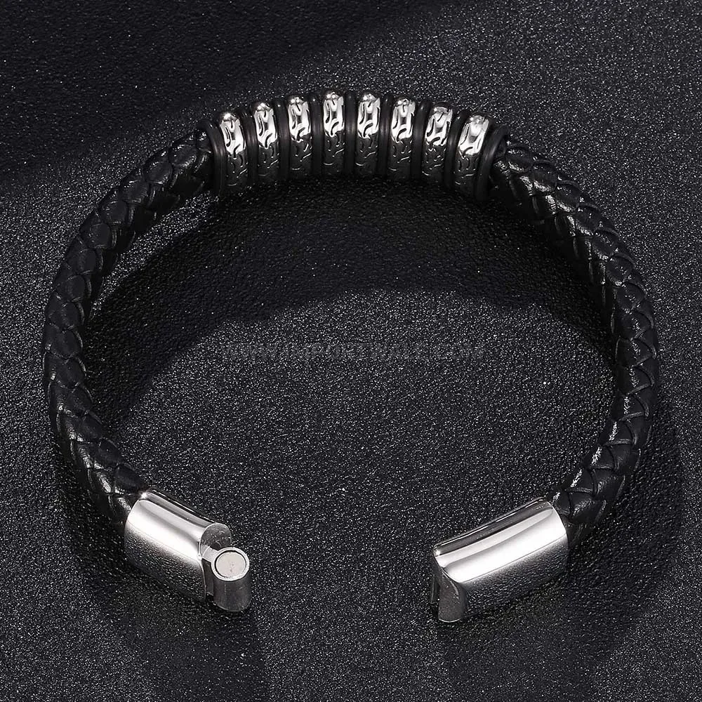 Adjustable Braided Leather Wristband with Stainless Steel Magnetic Clasp