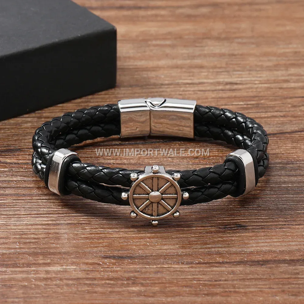 Ship Helm Braided Leather Punk Wristband