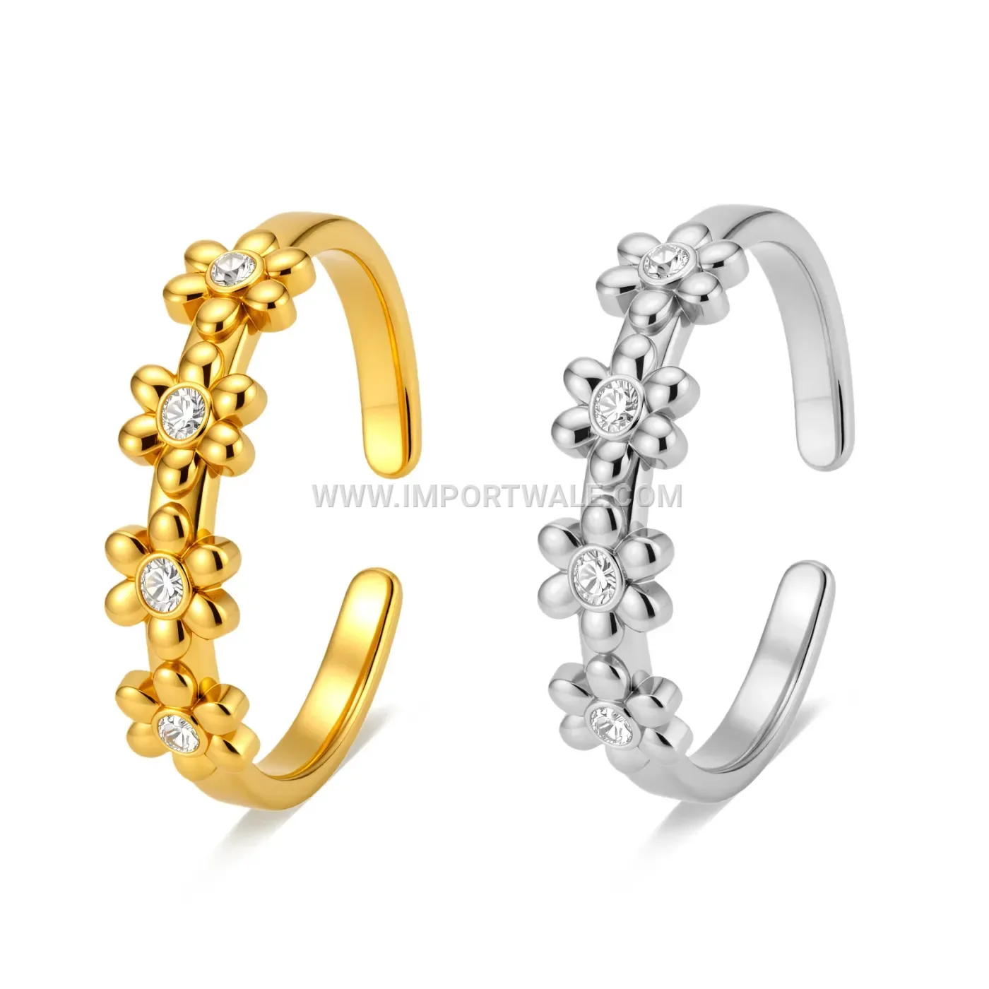 Pave Zircon Floral Adjustable Stainless Steel Ring