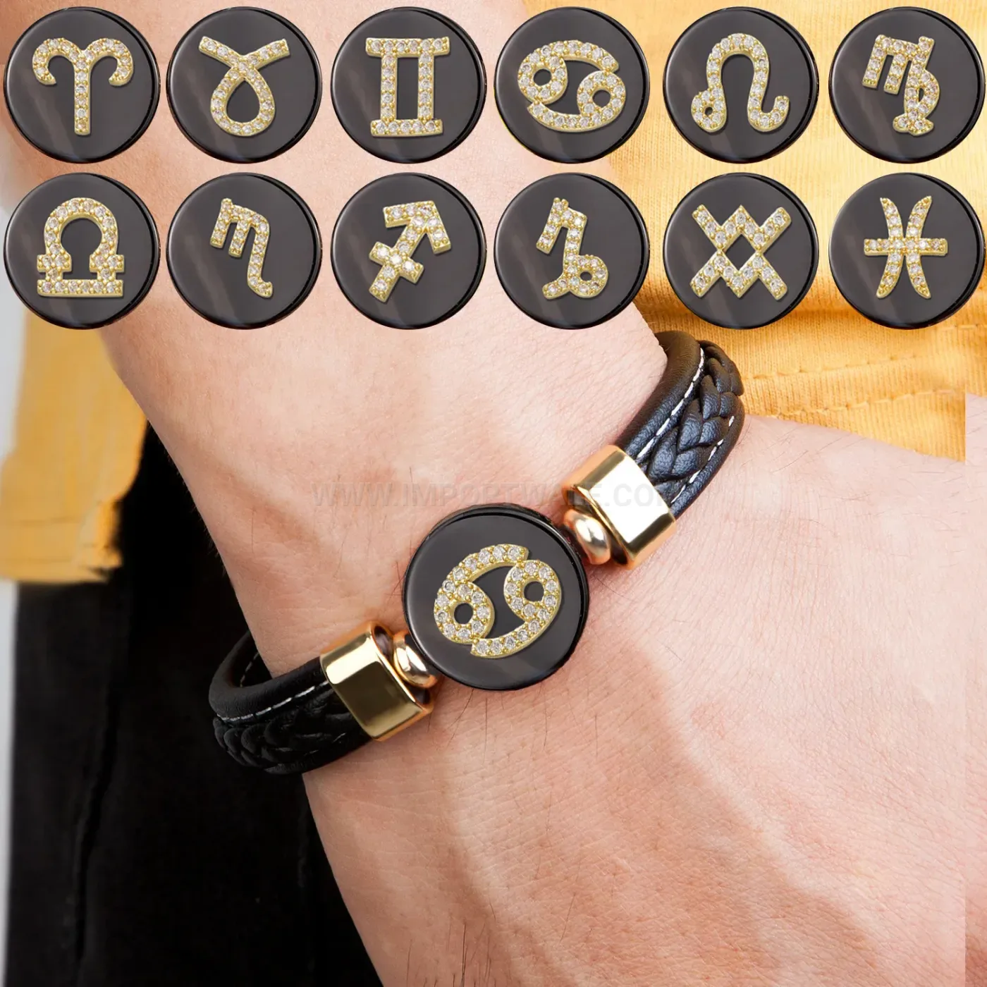 Zodiac Woven Leather Bracelet with Stainless Steel Clasp