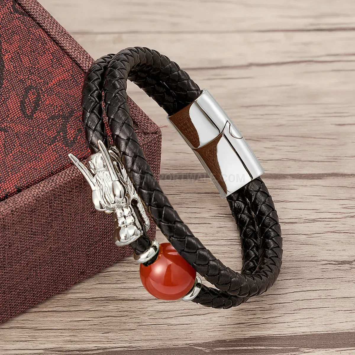 Dragon Head Double Strand Leather Stone Bracelet with Stainless Clasp
