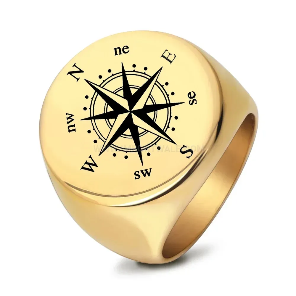 Fashion Vintage Compass Engraved Stainless Steel Signet Ring