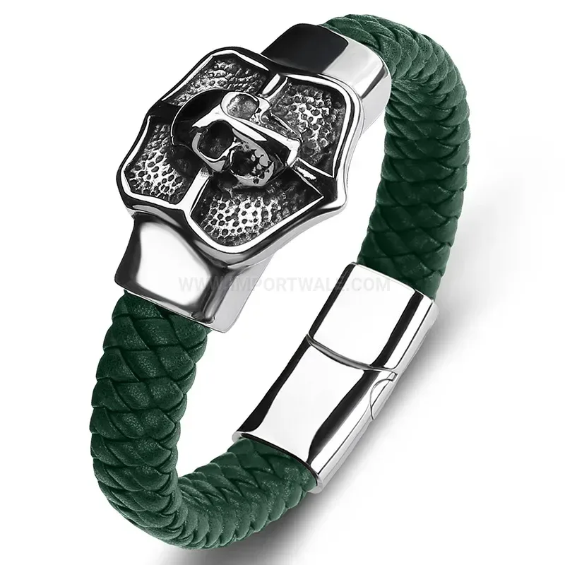 Premium Edgy Streetwear Skull Leather Stainless Steel Men Wristband