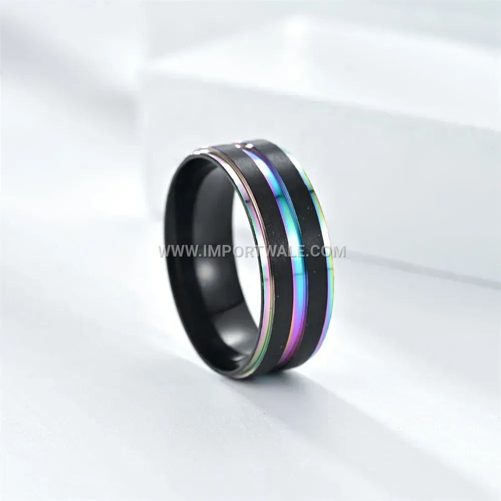 Two-Tone Black and Rainbow Stainless Steel Ring