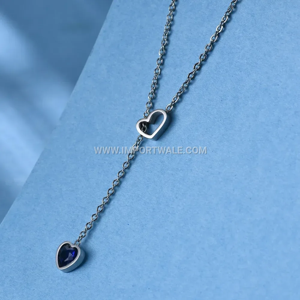 Stainless Steel Openwork Heart Sapphire Pendant Necklace