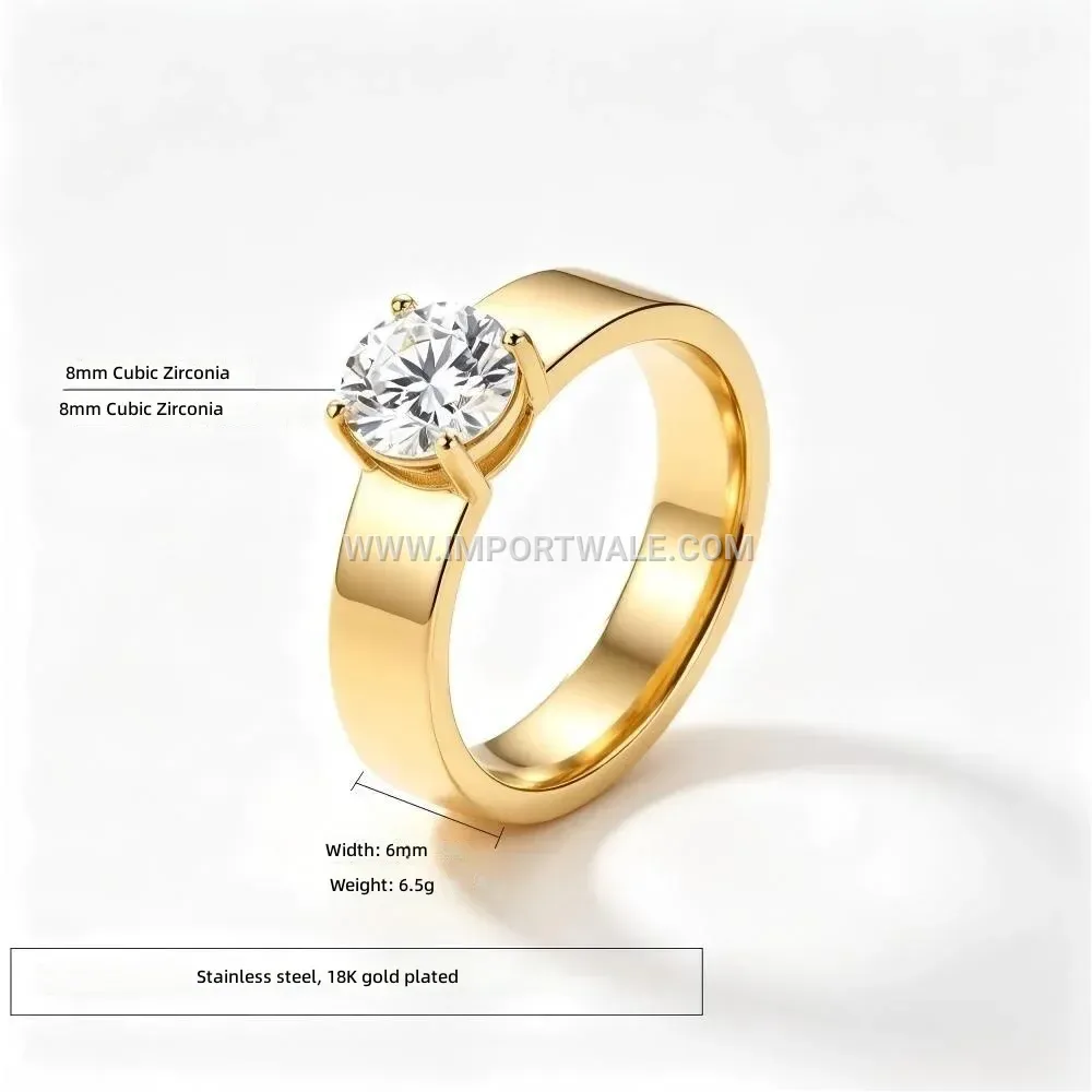 Claw Set Zircon Stainless Steel Solitaire Ring