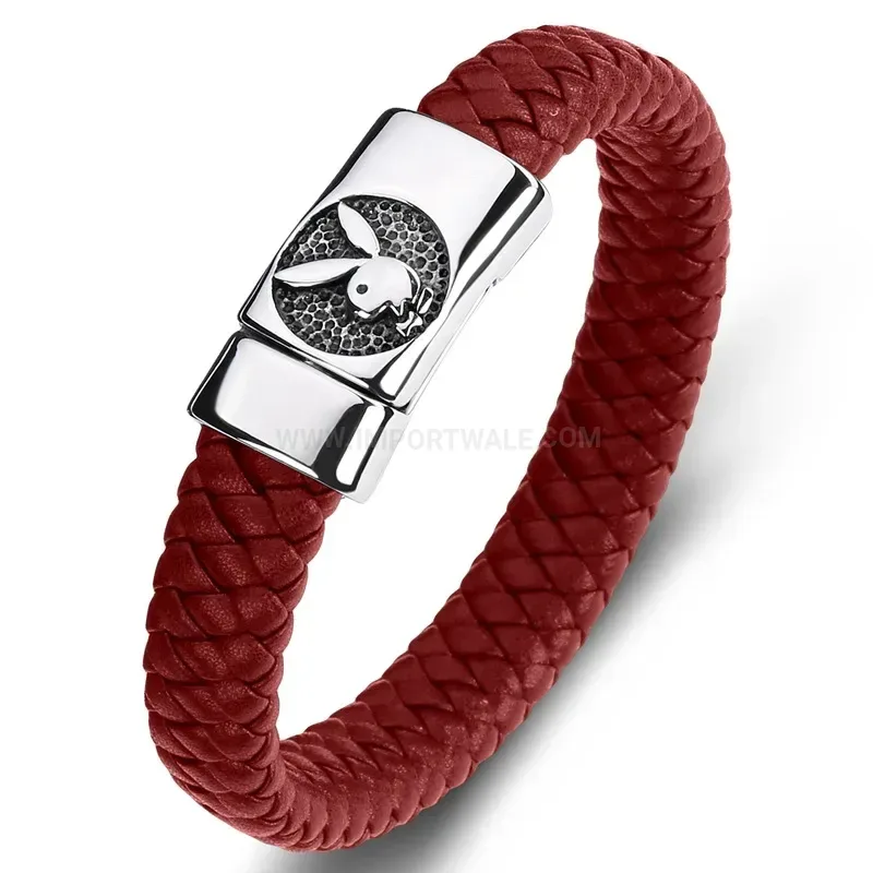 Chic Stainless Steel Handcrafted Leather Bunny Charm Bracelet