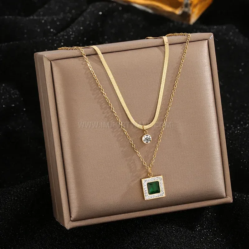 Layered Titanium Steel Green Stone Geometric Pendant Necklace