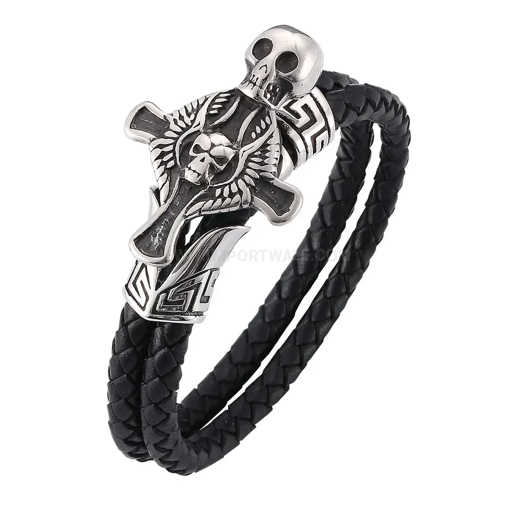 Braided Leather Stainless Steel Skull Cross Men Bracelet