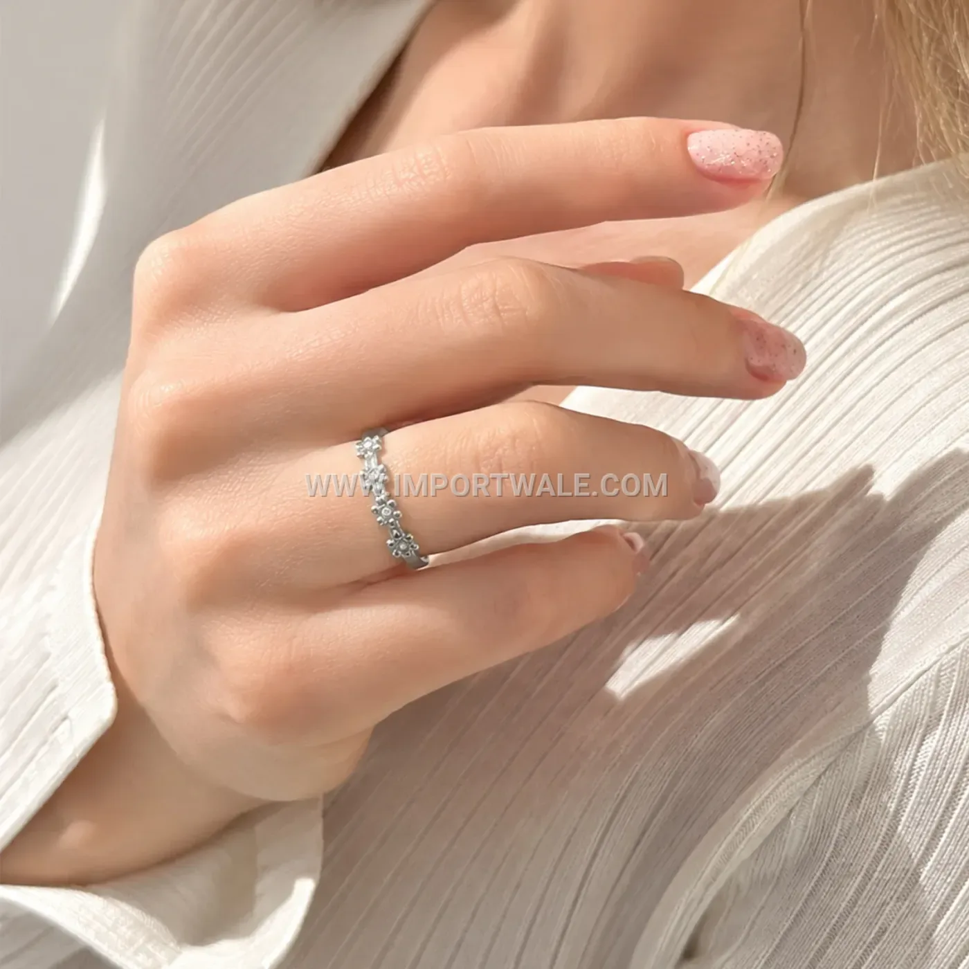 Pave Zircon Floral Adjustable Stainless Steel Ring