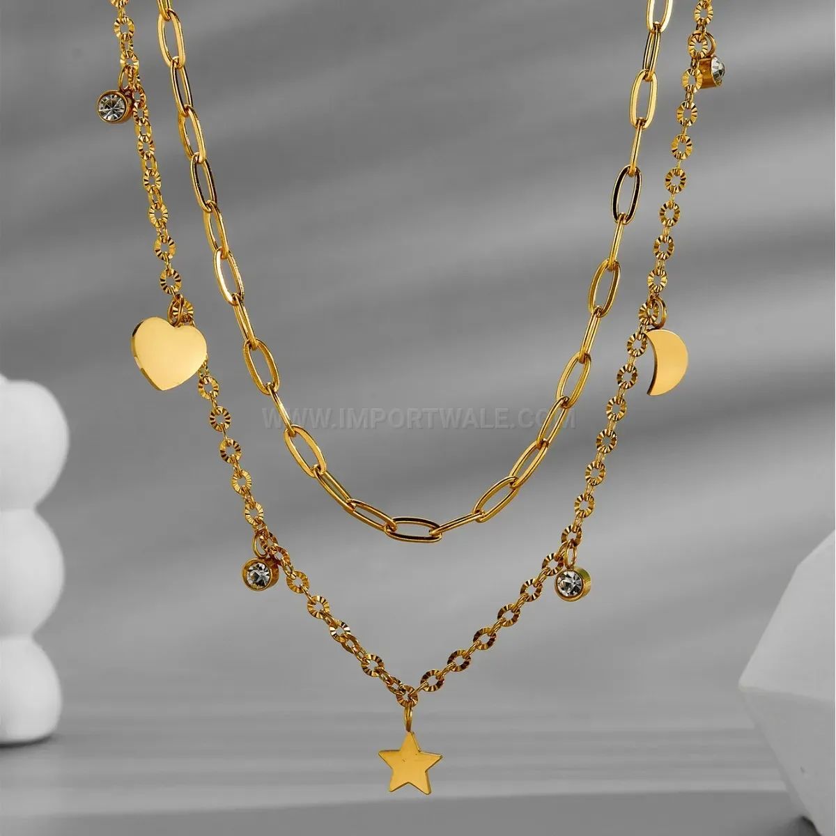 Fashion Layered Gold Star and Moon Pendant Titanium Steel Necklace